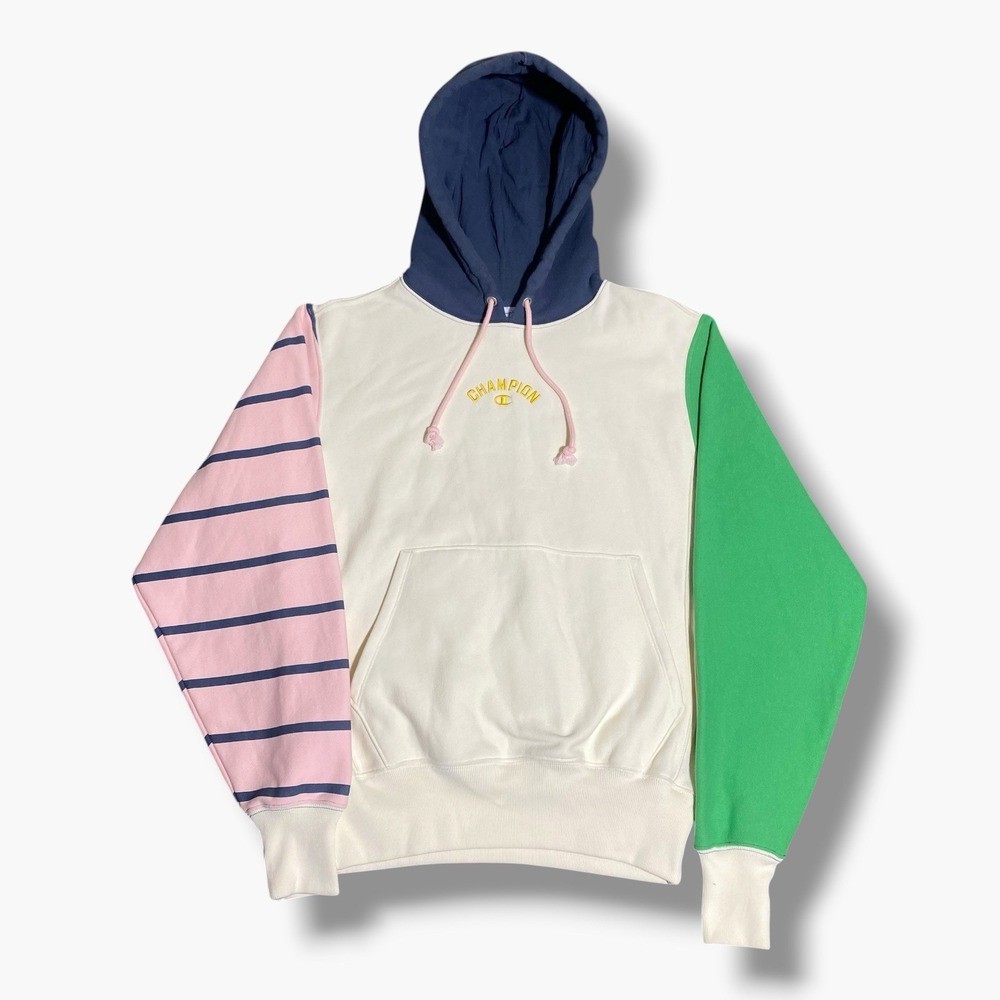 Champion Reverse Weave Hoodie Small Ivory Colorblock Heavyweight Cream Pink Navy